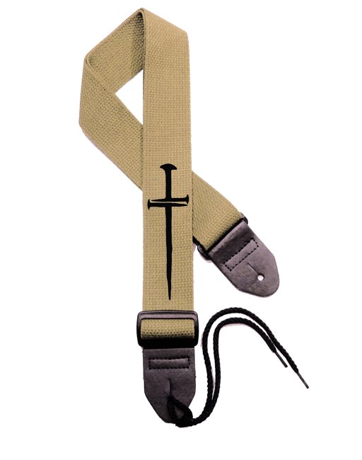 Black Carpenter’s Cross on tan guitar strap